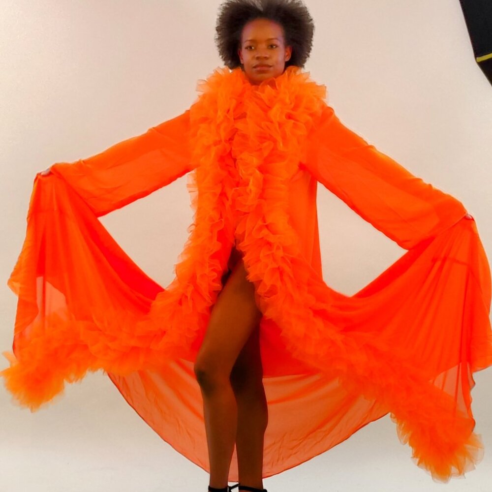 Tangerine Orange Opera Coat & Feathered Handbag